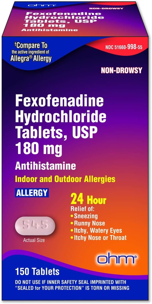 Ohm过敏医学 Fexofenadine 180mg - 24小时缓解喷嚏和过敏症状,非昏睡 - 24小时缓解有效缓解的安非他明药片 - 150个计数(单包)