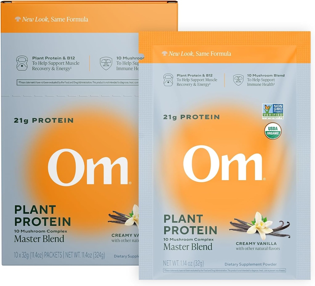 Om Master Blend Vegan蛋白粉, 香草, 21g of Plant protein - 有机蘑菇补充剂 10 Mushroom Complex, Ashwagandha, BCAAs and Vitamin B12 - 单一服务(10个计数)