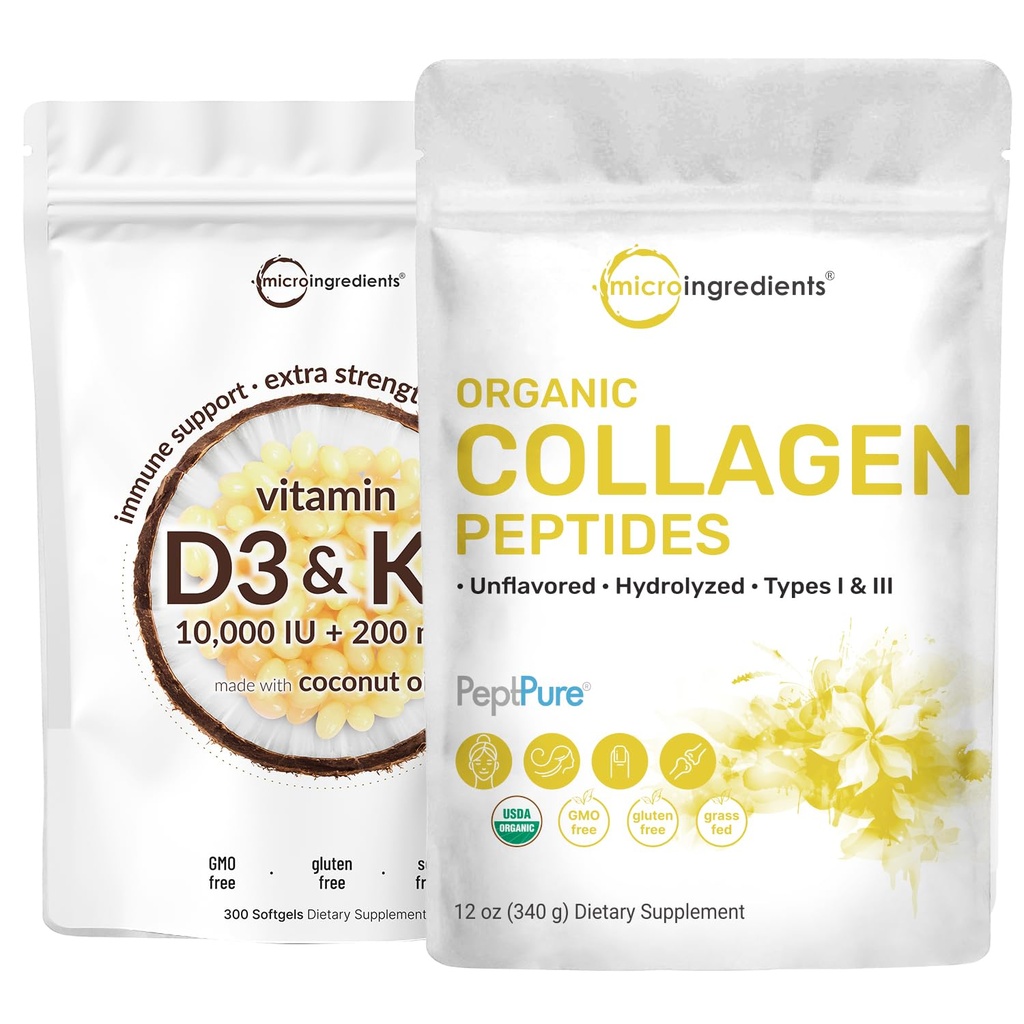 微成份 维生素 D3 1000 iu + K2 200 mcg 椰油软胶 和有机Collagen Peptides Powder Bundle 2 Pack → 基本阳光维生素 → 水解I型和III型Bovine Collagen