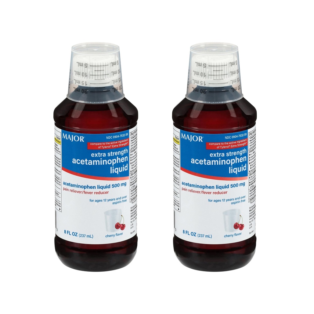 大JOR 成人超强液态乙酰氨基苯500mg - 帮助恢复痛苦和减少Fevers - Aspirin Free - Cherry Flavor - 8 Fl Oz (2 Pack)