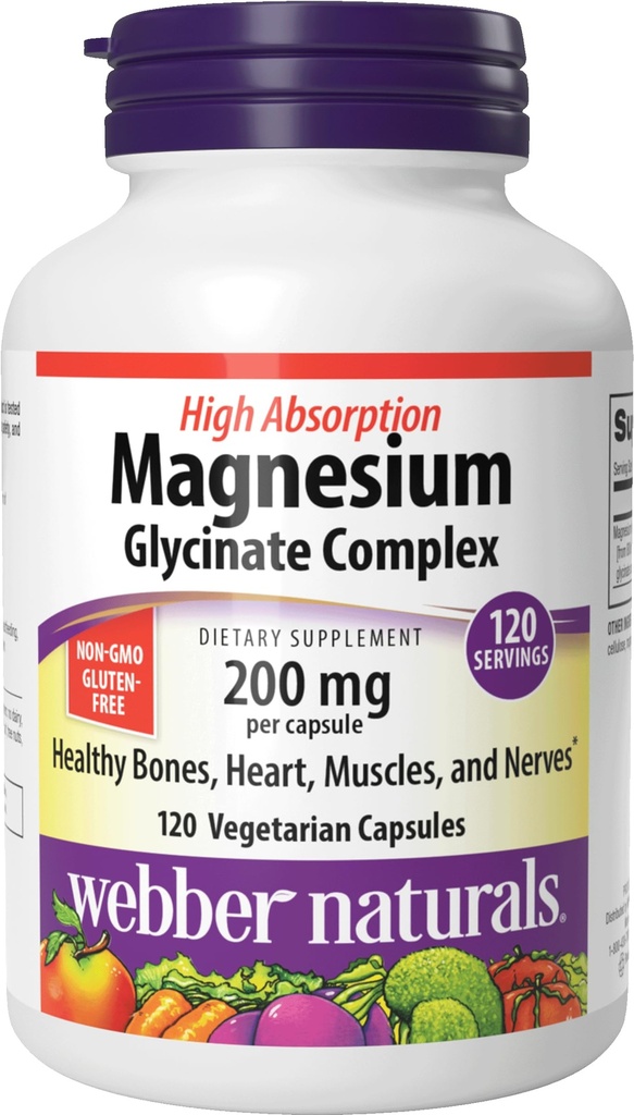 Webber Naturals Magnesium Glycnate Complex 200 mg, 120 蔬菜卡普尔, 高吸收公式, 支持骨骼,心脏,肌肉和神经, 一天一天, Vegan, 新标签!