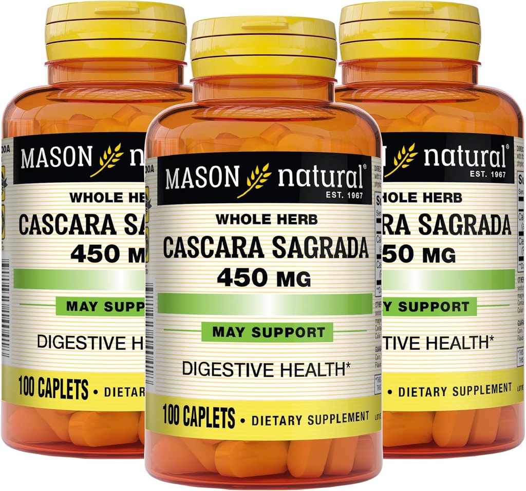 Mason Natural Cascara Sagrada 450 mg, 正常消化功能支持草药补充剂,100 Caplets (Pack of 3)