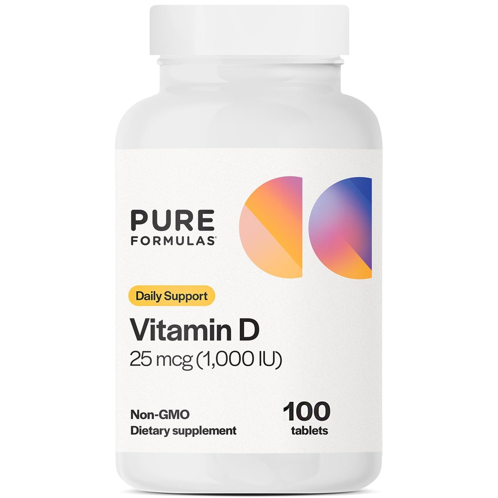 纯Formulas 维生素 D3 1,000 IU 25 mcg - Premium Vitamin D 健康骨骼形成,牙齿,心血管健康和免疫支持 非GMO - 100个计数片