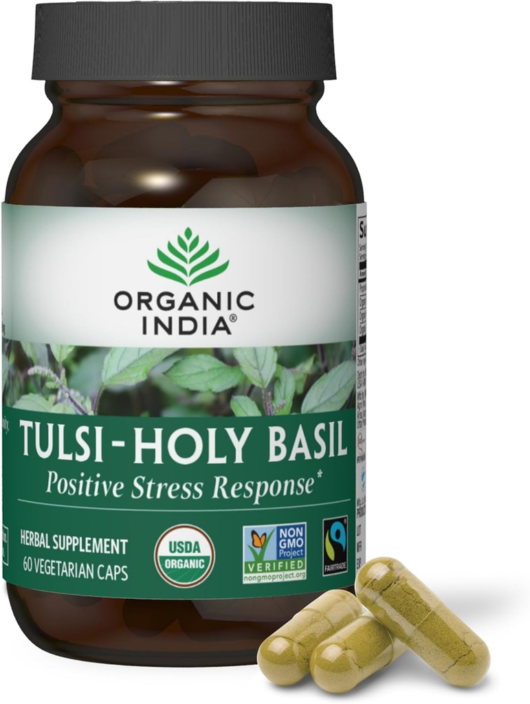 ORGANIC INDIA 图尔西圣巴西尔卡普勒斯 - 圣巴西尔卡普勒斯 - 圣巴西尔卡普勒斯 - 圣巴西尔卡普勒斯补充品,草药补充品,免疫支持,压力救济,维加恩,无胶囊,科舍,有机,非GMO - 60卡普勒斯