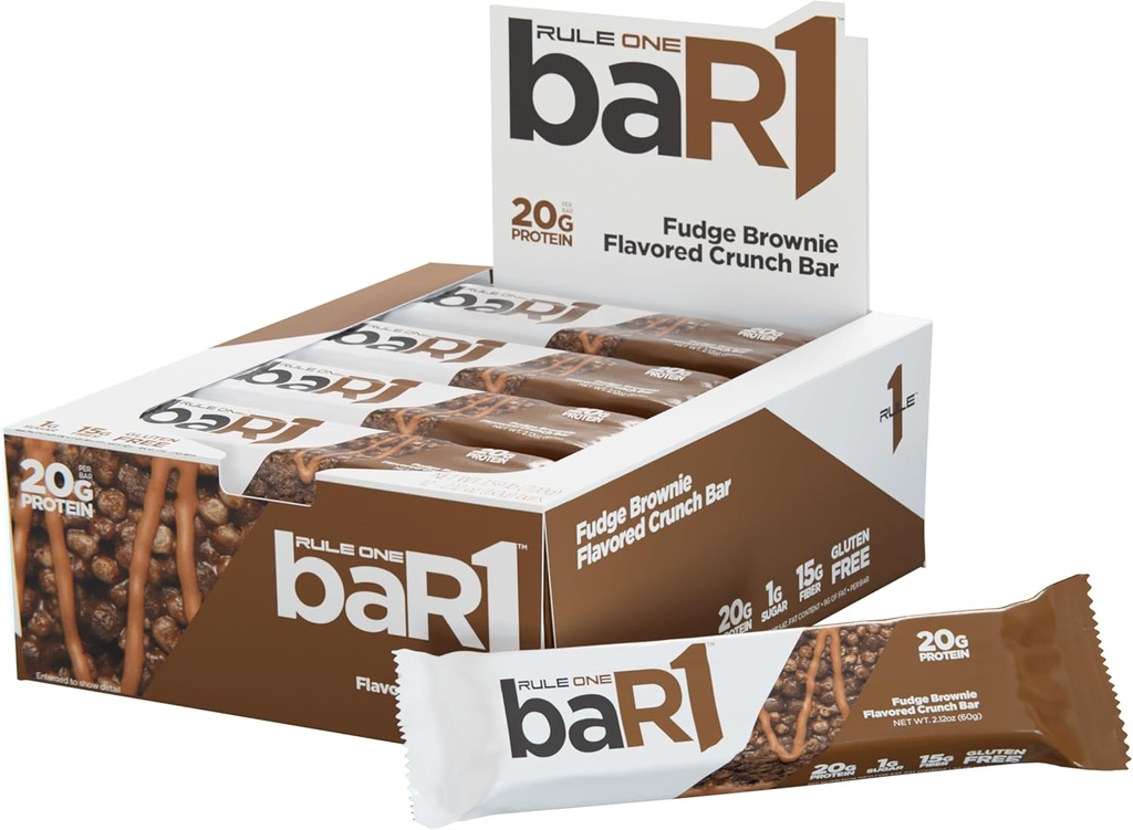 规则1 BAR1 Crunch Bar - On-The-Go Entertain Protein Snack Bars with 20g Premium Protein, 自然与EAAs/BCAAs, 饥饿-灭菌纤维(12个伯爵盒,富士·布朗尼)