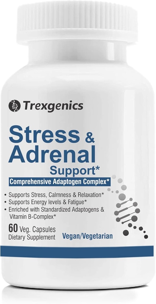 Trexgenics 高级压力和肾上腺支持 5X ADAPTOGENS Ashwagandha, Rhodiola, Bacopa Bacosides, Panax Ginseng & Maca + B-Complex(60 Veg Capsules)