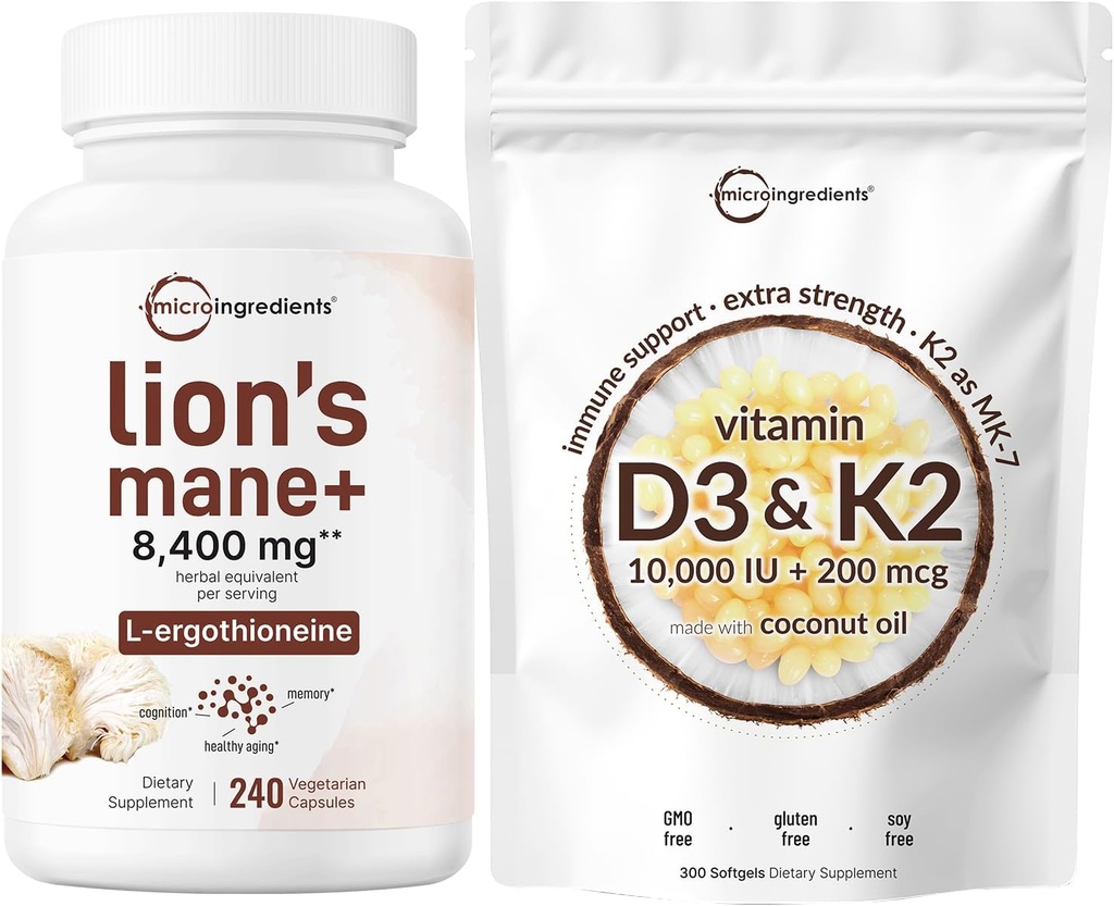 微成份 维生素 D3 10,000iu + K2 200mcg 椰油软胶 和狮子 Mane 补充 240 Veggie Capsules Bundle 2 Pack → 基本阳光 维生素 + 超食品 蘑菇 抗氧化剂 与 L-