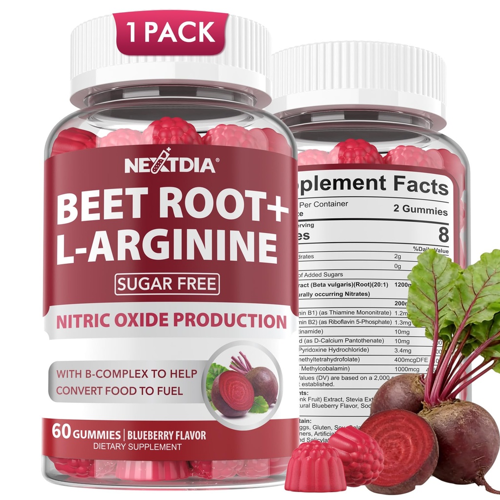 Beet Root Gummys & L-Arginine, Nitric Oxide Supplements for Men & Women w/Organic Beets, B1, B2, B3, B5, B6, Folate, B12 for Energy Boost and 环球支持,无糖, 60 Cts