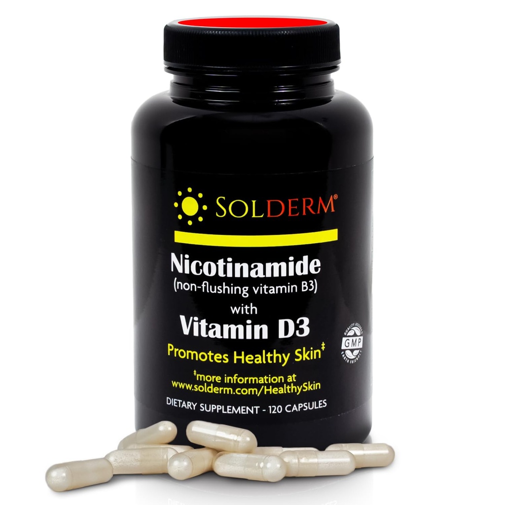 Nicotinamide 非挥发性维生素B3和D3 补充 + 蔬菜和无糖性口服尼古丁胺 辅料 + 蔬菜纤维素 Casings → 促进健康的皮肤 → 60 Capsules → 500mg