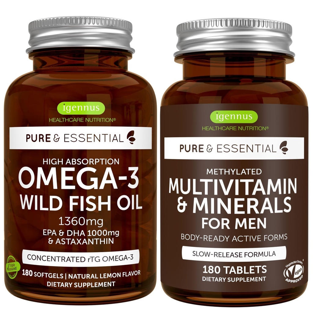 高吸收 Omega-3 野鱼油 + 甲基化男性的多维塔明包, 1000mg EPA & DHA 180 Softgel + 持续释放 多维塔明 180 片, 作者: Igennus