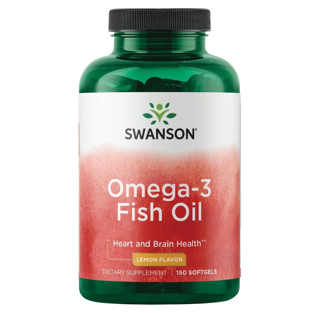 Swanson Omega 3 鱼油补充心脑和联合支持无转基因生物的全民教育 180 mg EPA + 120 mg DHA 150 Softgel Capsules Lemon Flavor