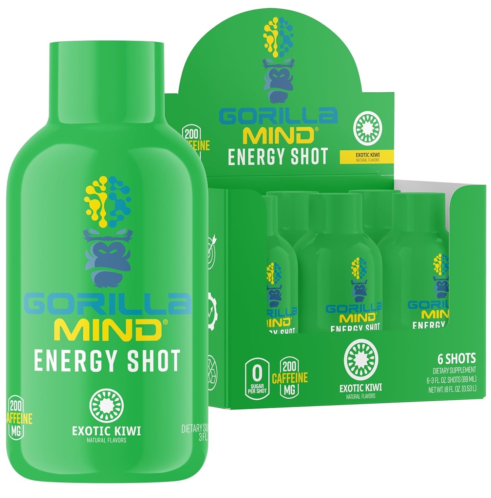 Gorilla Mind Energy Shots (Pack of 6) - 增强焦点和能量,无糖,快动作,配有维生素和天然提取剂的强力公式(Exotic Kiwi)