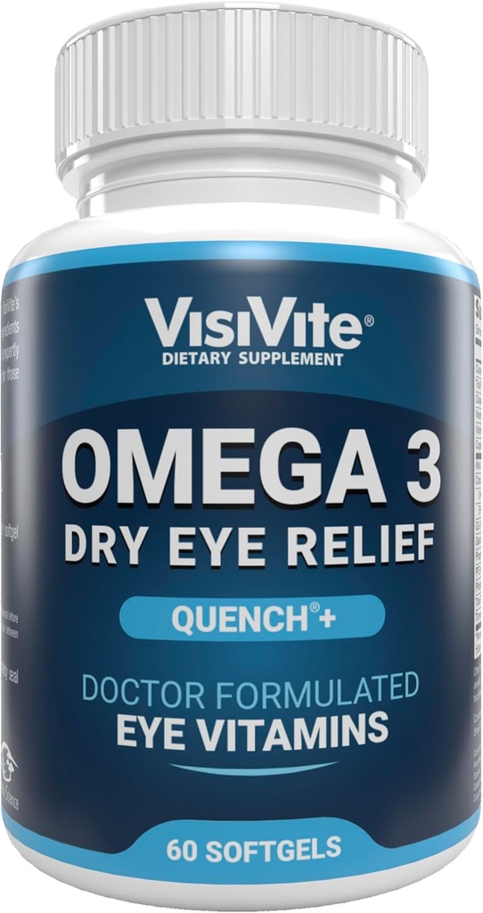 Omega 3 干眼补充剂,配有EPA和DHA - VisiVite 干眼救济 Quench+ Omega 3号补充剂用于干眼的眼维生素 - Omega 3号鱼油制造的干眼维生素 - 60 Softgels.