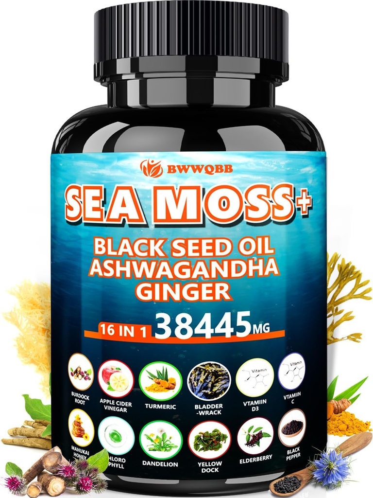 黑种子油200mg Ashwagandha 100mg Turmeric 100mg Bladderwrack 100mg Burdock 100mg,全英1海 Moss Capsules-60 计数