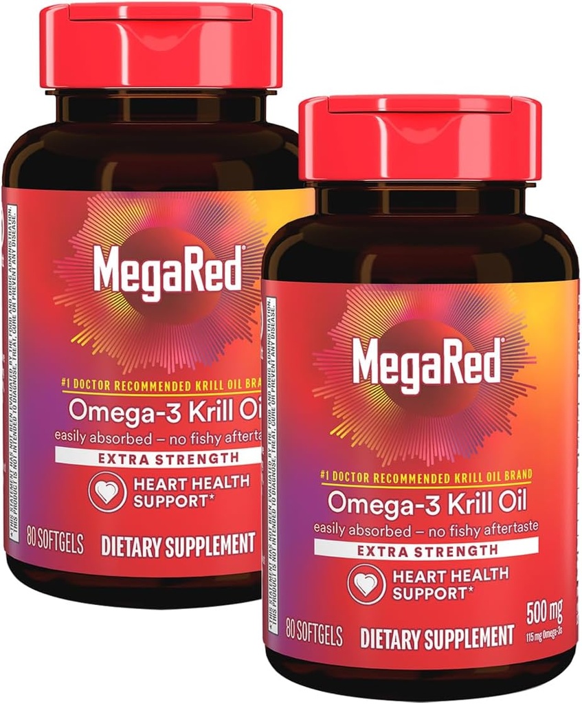MegaRed 350mg Omega 3 配有 EPA/DHA, Astaxanthin & Phospolipids, 无鱼油后味支持心脏,脑,关节和眼部健康,120 软胶伯爵(2包)