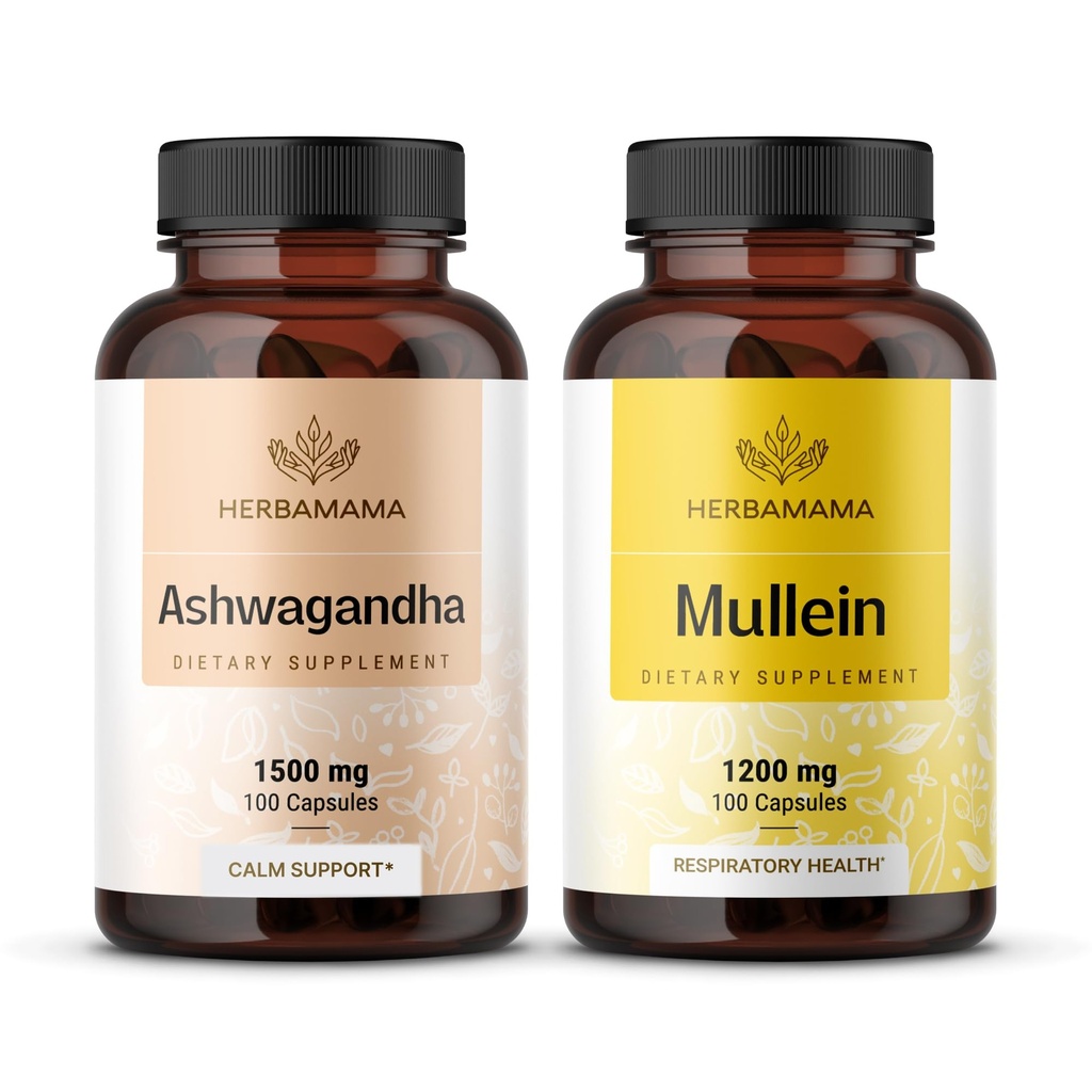 HERBAMAMA Ashwagandha和Mullein Kit - 1500 mg Ashwagandha Root & 1200 mg Mullein 叶片夹100 caps - Vegan,非GMO,糖和无酒精 - 2 包