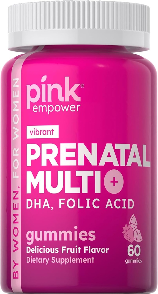 PINK 产前维生素 含DHA和Folic Acid 60 Gummys 不含GMO和Gluten 免费多维明 水果火焰