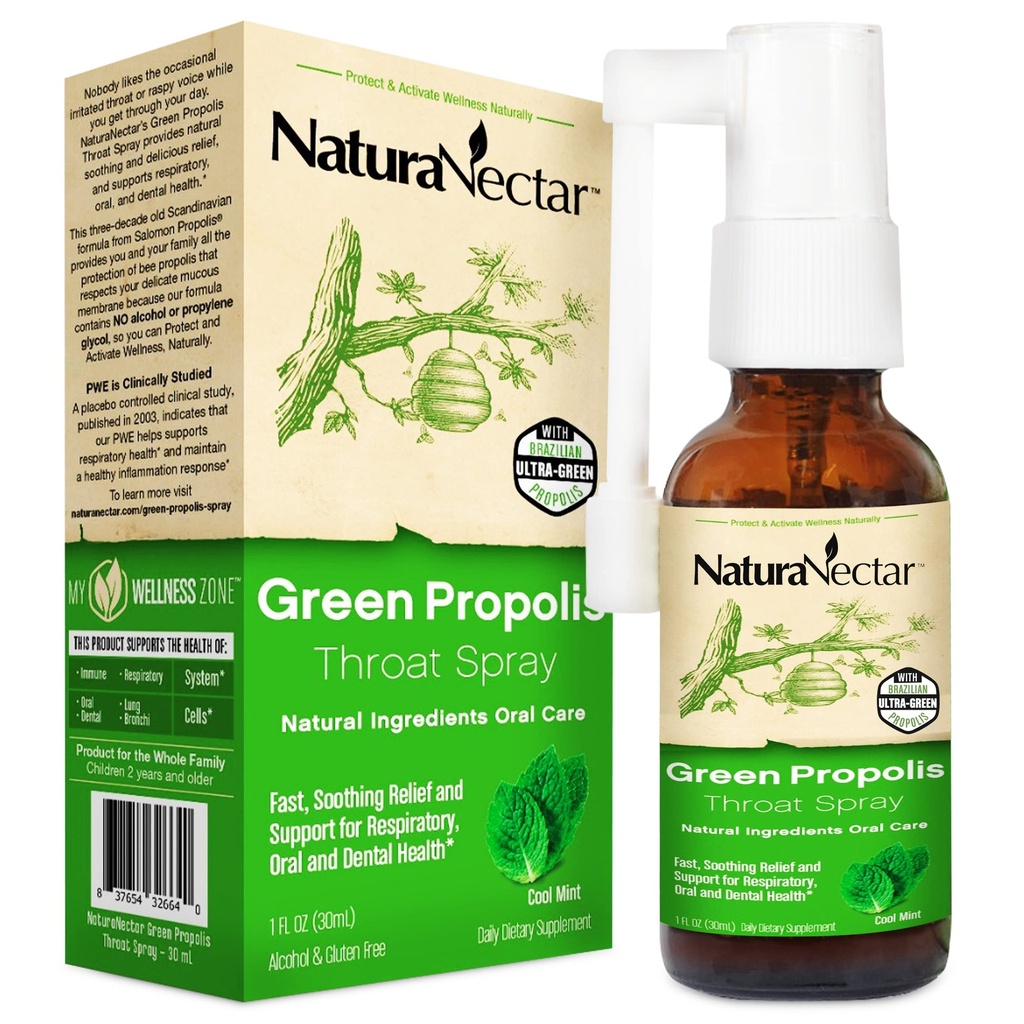 NaturaNectar - Green Propolis Throat Spray - 与巴西蜜蜂 Propolis 独树一帜的松喉护理救助 - 来自可持续养蜂(1-Pack,30mL)的自然和非酒精喉管护理公式