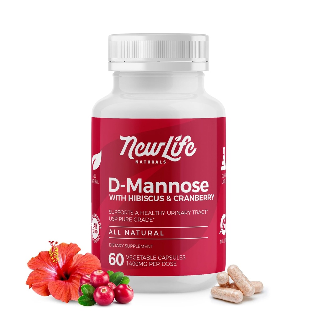 新生活自然 D-Mannose Capsules | w/Cranberry 和 Hibiscus 摘录 | 天然尿道切除 健康补充 | 1400mg纯 Veggie Powder | 60 Veggie Capsules
