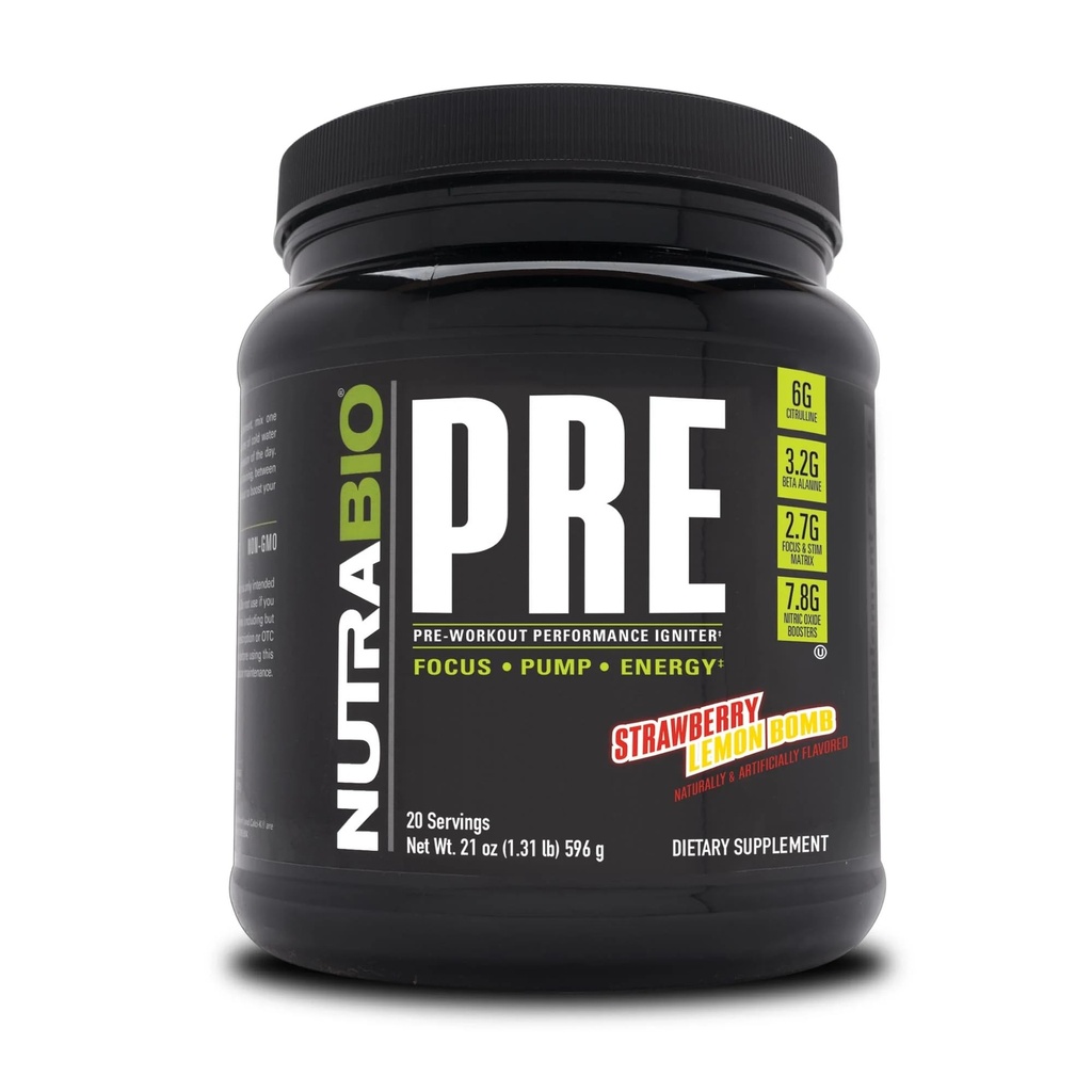 NutraBio Pre Workout Powder - 老公式 - 持续能源,精神焦点,耐力 - Beta Alanine, Creatine, Cafeine, Electrolytes - 20 services - 草莓柠檬炸弹