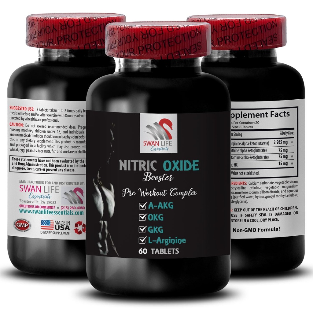 A-AKG, Nitric Oxide - Nitric Oxide 助推器 - 锻炼辅助器, 动力助推器, 增强强度器, 耐力混合器, Stamina 增量器, 性能助推器, 恢复公式, 肌肉焦点 1 瓶 60 标签