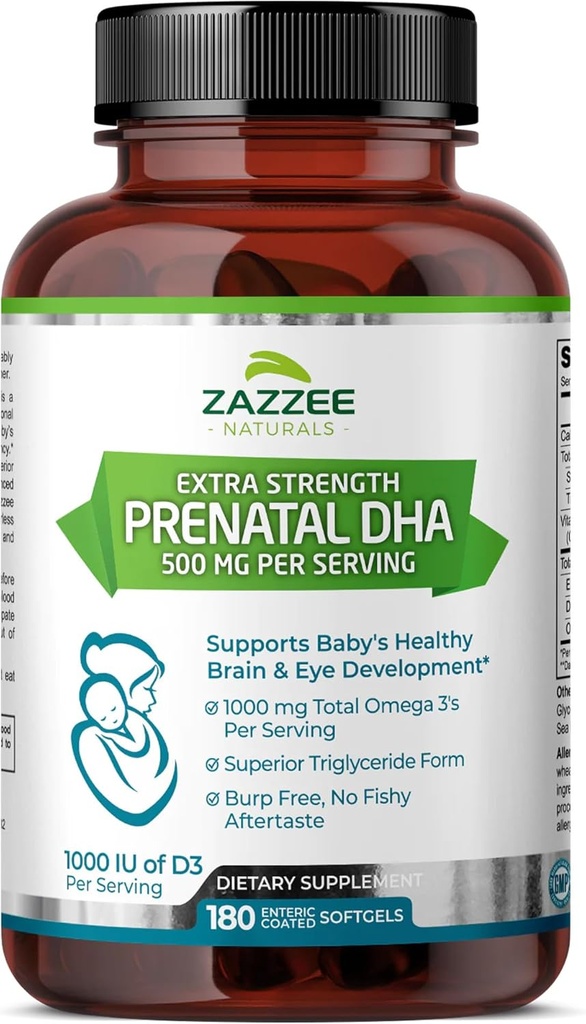 Zazzzee 外强产前DHA 500 mg,180 肠内软胶,1000 mg Omega 3's,1000 UI 维生素D3, Burp Free, 无鱼余味, 高级Triglyceride形式, 纯化深海鱼油