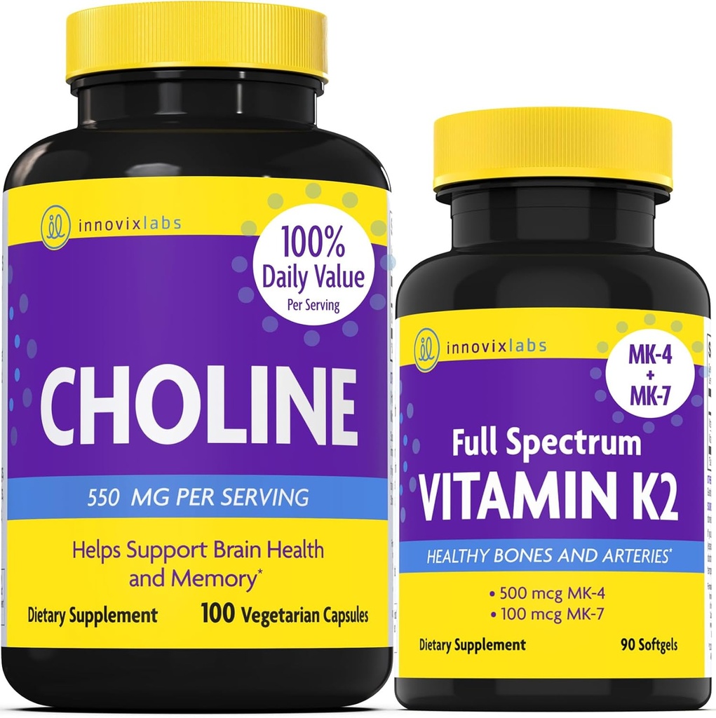 InnovixLabs Choline & Vitamin K2 Bundle Choline Bitartrate 550mg (100 Capsules) 全谱维生素K2(90 Softgels). 支持记忆,摩德,脑健康与增强认知. *