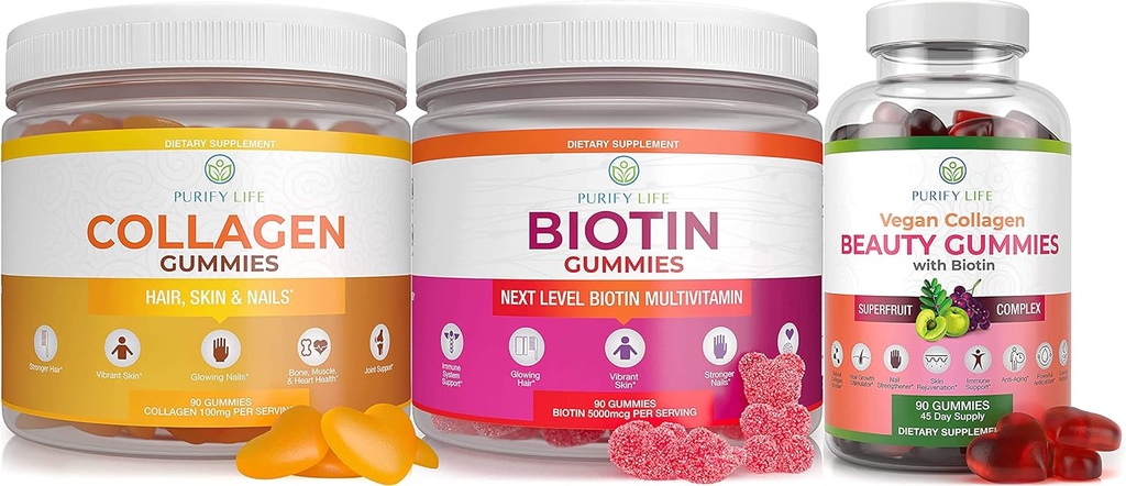 净化生命海洋科拉根、Biotin、 & Vegan Collagen Bundle、毛皮和钉子的古米(Bulk - 90 Chews)、联合护理维生素、免疫支持、美容、解毒和清洁、取代卡普尔、药丸