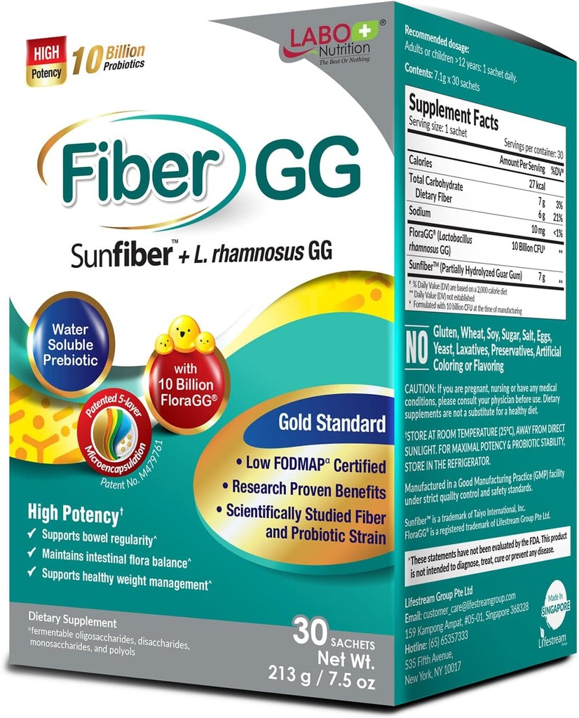 LABO 营养 FiberGG、Lactocillus Rhamnosus GG 10亿 CFU 活性抗生素和7g Sunfiber 活性抗生素补充剂、支持健康肠道、Immune健康、Gluten Free、30 Sachets