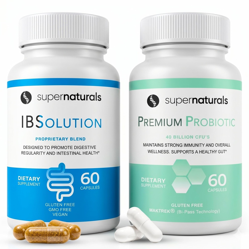 IBSolution Gut Health Bundle - All Natural Gut Health Supports & Premium Probiotics w/ 40亿CFU 支持不正规的鲍尔斯,布洛廷,便秘,毒气,腹痛 - 2 Pack(120盖)