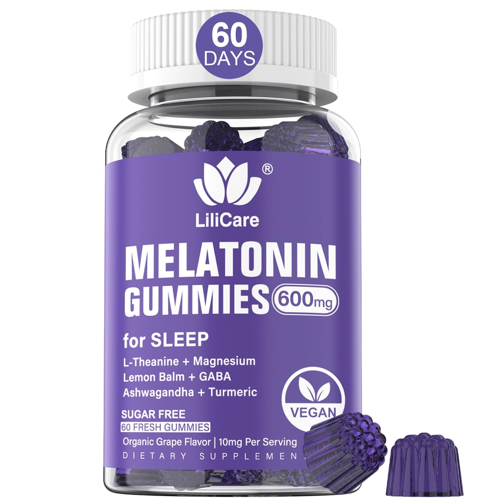 Melatonin Gummys 10 mg 20 mg for 成人,与L-Theanine, Ashwagandha, 镁, Turmeric, GABA, Lemon Balm 和Chamomile 支持健康环形节奏, Vegan Grape Flavor