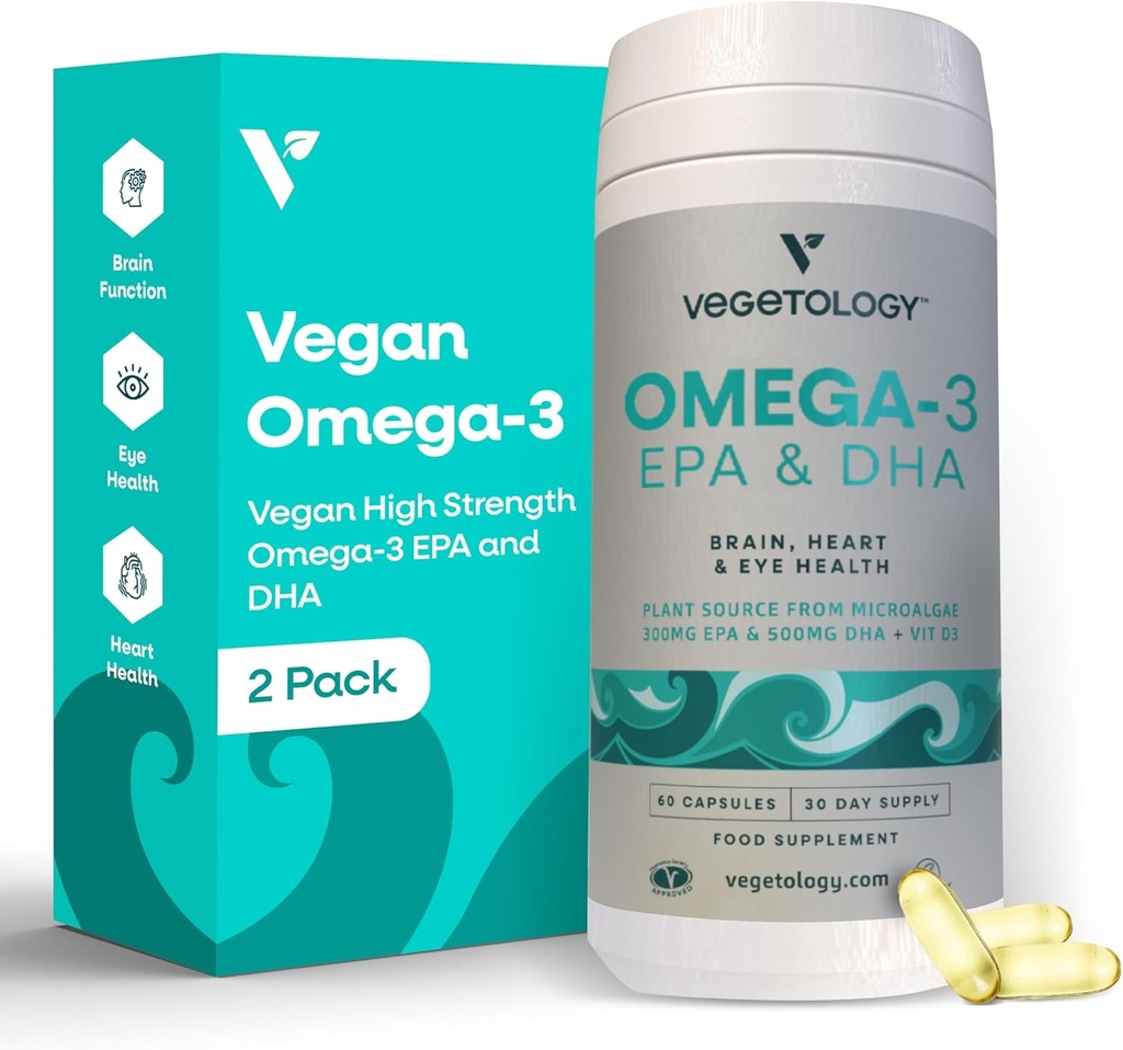 Vegan Omega 3 补编 – EPA,DHA 补充和维生素 D3 – Algae Omega 3 Vegan 大脑,眼睛和心脏健康补充 – 儿童与成年人(120 Capsules)
