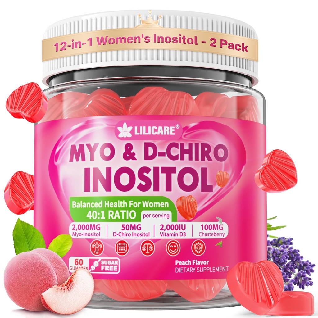 Inositol Gummys for Women + Chasteberry, Myo-Inositol & D-Chiro Inositol 2000mg + 50mg 理想 40:1 与甲基B12 & Folate, Choline, 镁,维生素D3 总体健康的比例,包装 2