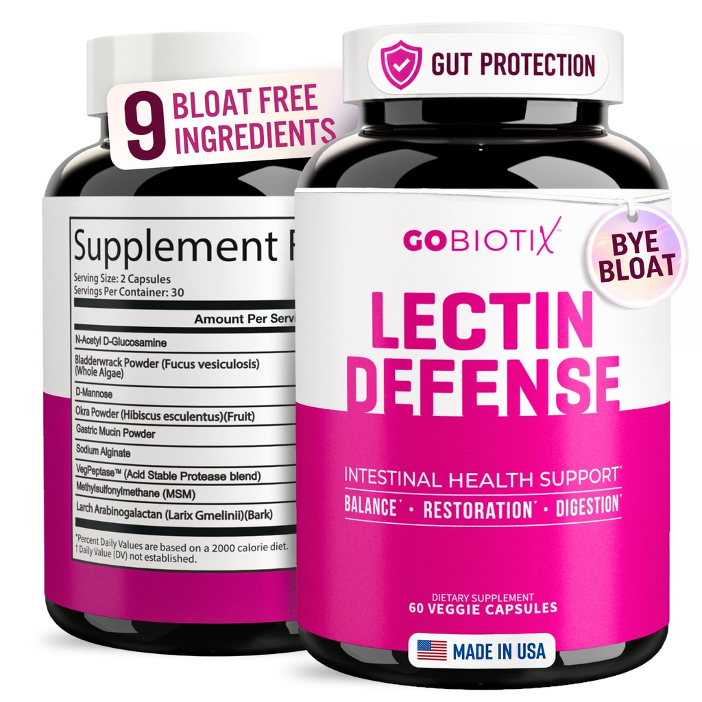 GOBIOTIX Lectin Defense - Lectin Blocker 配有MSM和消化酶的Lecky Gut的Leckin Blocker补充剂 - 男女肠内健康中的艾滋病 - 非GMO + Gluten Free - 60 Capsules (1)