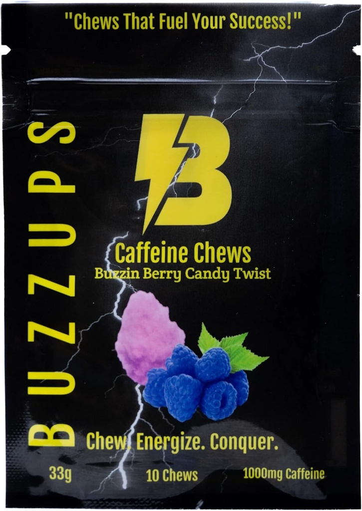 BuzzUps Cafeine Gummys – 100mg Cafeine – Gummy, Buzzin Berry Flavor, 体育用能量靴, Gaming, Running, Cycling, Focus, 耐力补编 (10 Gummys, 1 Pack).