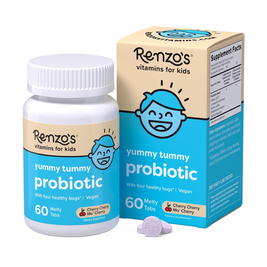 Renzo's Kids Probiotic, 消化健康和免疫支持的溶解性Probiotics, 60 樱桃味的麦蒂标签