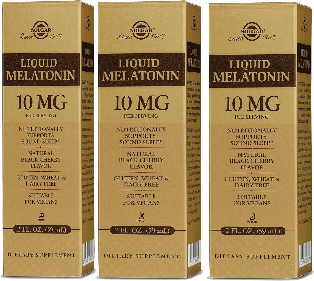 Solgar Liquid Melatonin 10 mg,天然黑樱桃 Flavor - 2 fl oz, 包装3 - Great for Jet Lag - Vegan, Gluten Free - 177 总服役量