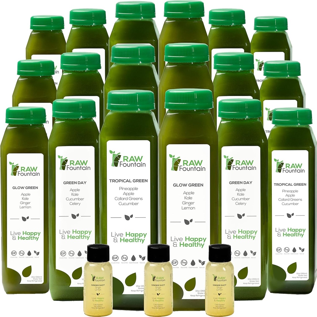 5日 绿汁清洁 由Raw Foundain, All Natural Raw, Vegan Detox, Cold Prested Juice, 30瓶12oz, 3瓶姜汁