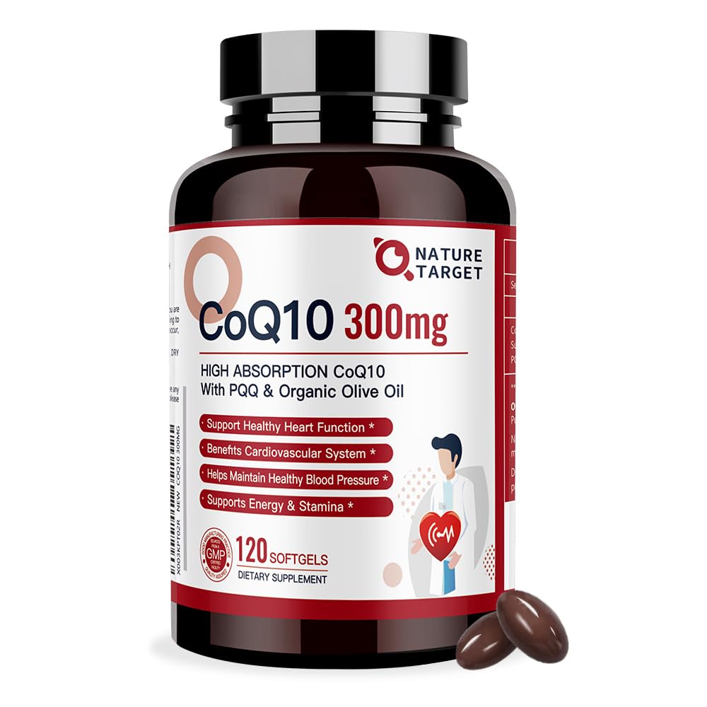 NATURE TARGET CoQ10-300mg-Softgels + PQQ 与有机-Olive-Oil-高吸附-Coenzyme-Q10-抗氧化剂换心脏-健康和免疫支持,能源生产,120服务