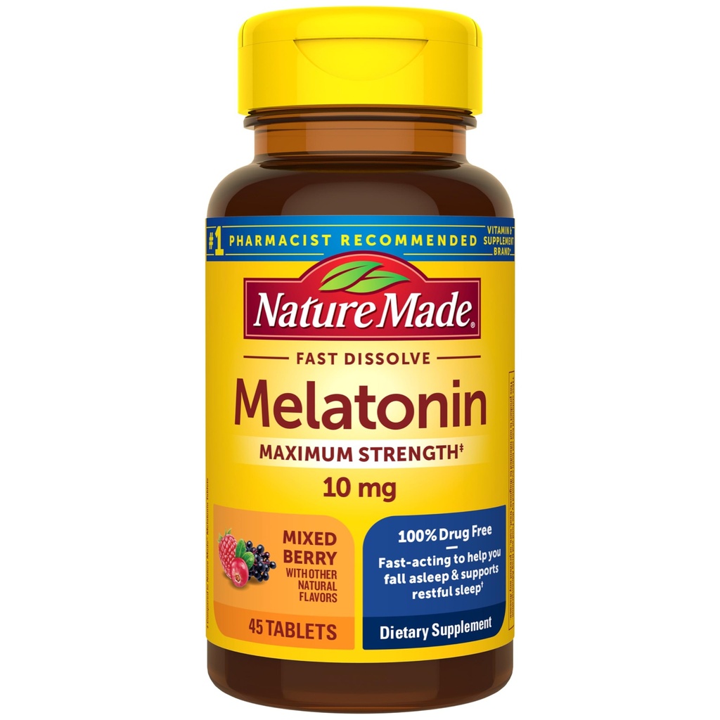 自然制造Melatonin 10mg快速溶解,成人最大力量夜间睡眠援助,100%无毒品,45块药片