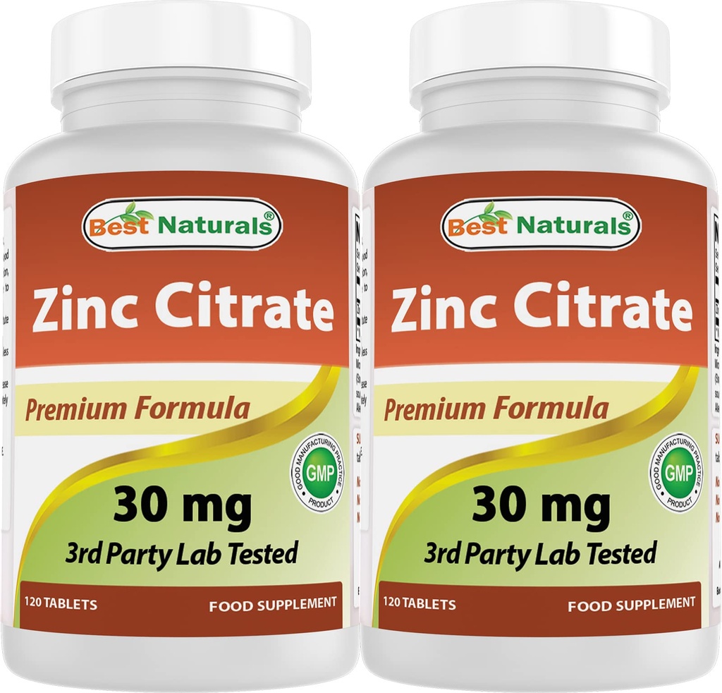 Best Naturals Zinc 30mg 补充剂(作为 Zinc Citrate) - 成人免疫支持的锌维生素 - 120块平板(120个计数(2袋))