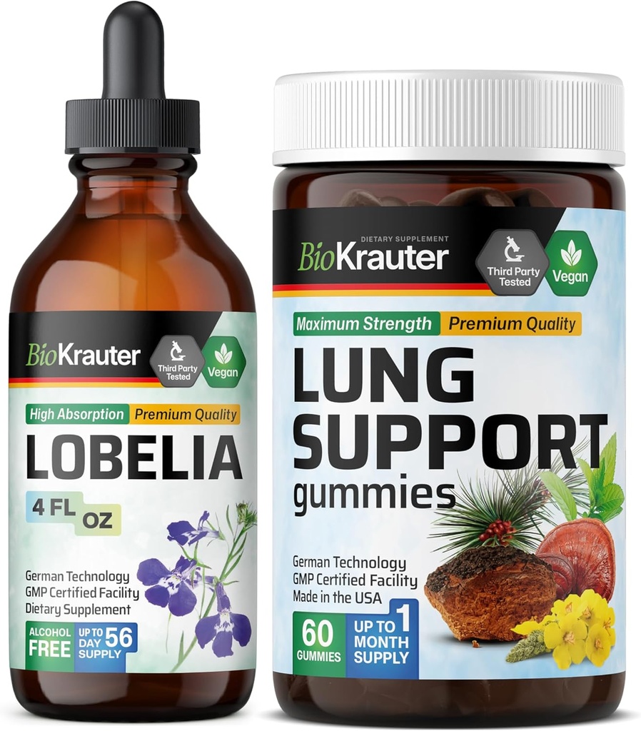 BIO KRAUTER Lobelia Tincture 4 Fl. Oz. & Lung Detox 60 Gummies (英语).