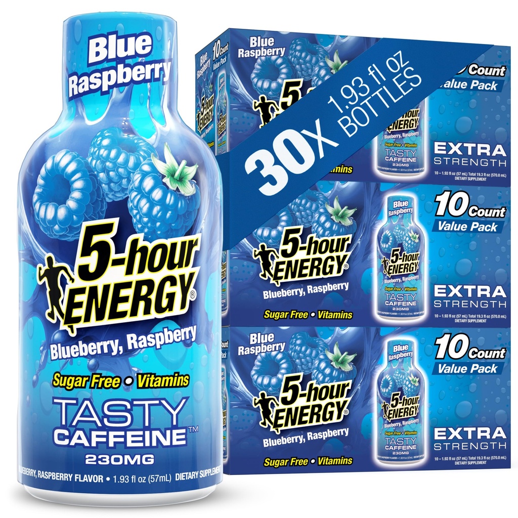 5小时ENERGY Shots Extra Powers, Blue Raspberry Flavor, 30 Counter, 1.93 Fl Oz, 无糖,零卡路里,氨基酸和基本B维生素, 饮食补充, Feel Alert and Energized, 230 mg 咖啡因