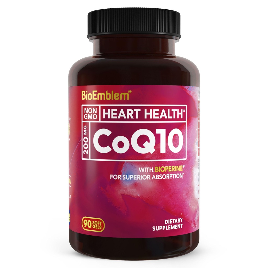 BioEmblem CoQ10 与 BioPerine - 200mg Softgels, 高吸收力 - Coenzyme Q10 用于能源生产的抗氧化剂,心脏健康 - 自然形态,Non-GMO CoQ10 补充剂 - 90