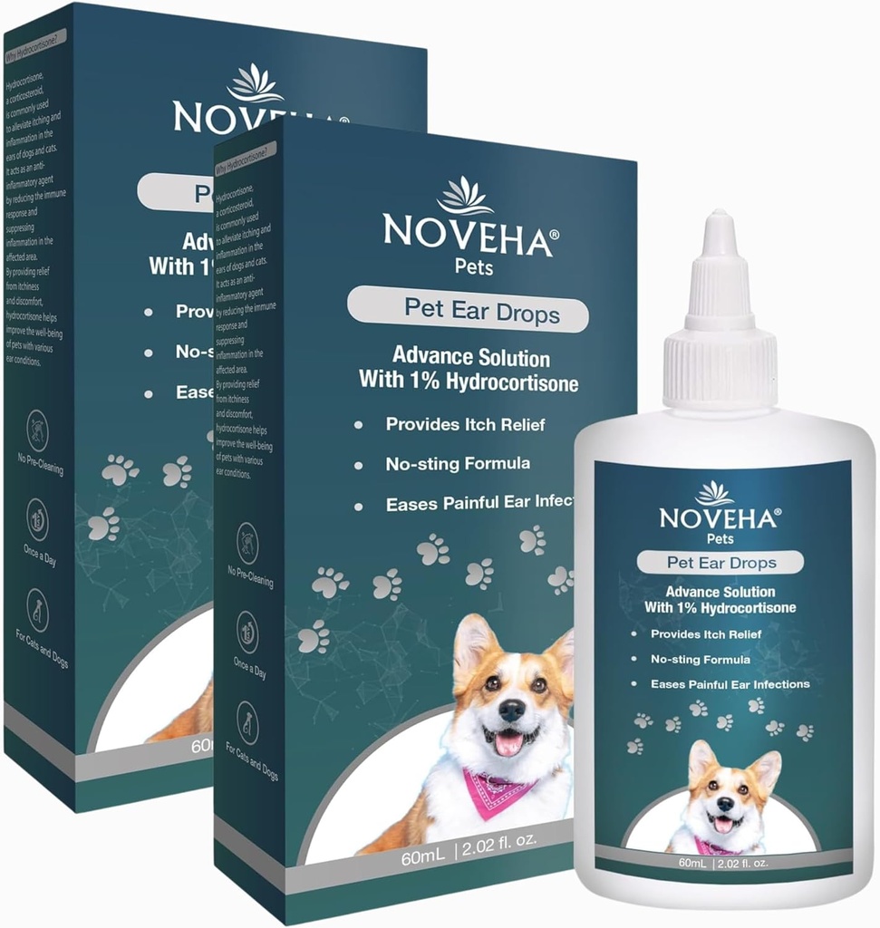 NOVEHA Pet Ear Drops, 1% Hydrocortisone → 狗和猫的Ear清除器用于Earwax积聚, 无阶梯公式, 平缓痒和减少疼痛的Ear感染 60mL( 60ml (pack of 2))