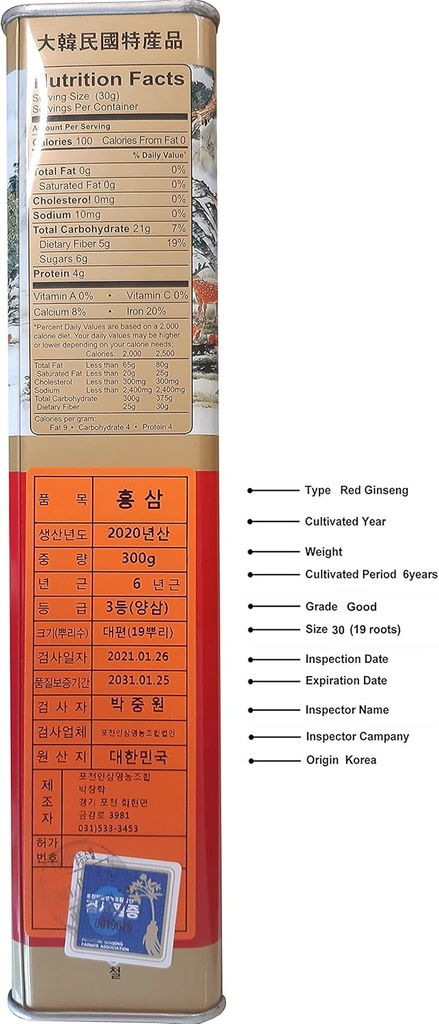 Pocheon 300g 韩国罐头干燥 Panax Red Ginseng 19 根 6 年好成绩 300-30 自然免疫支持