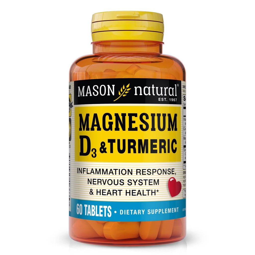 MASON NATURAL 镁和维生素D3配有Turmeric,60天供餐补充剂配有500毫克镁,3000IU 维生素D3和150毫克Turmeric