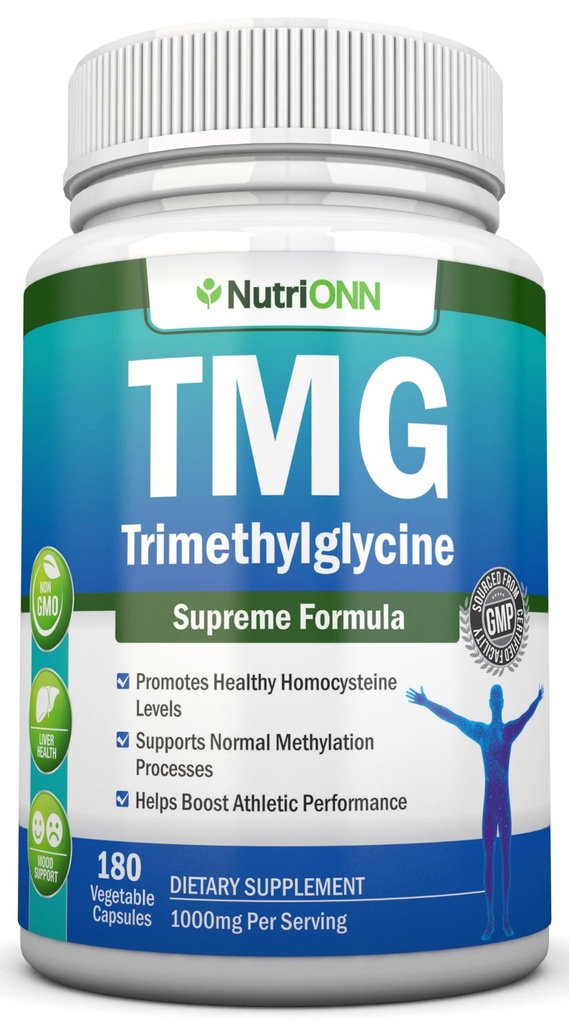 TMG 三甲基甘化物补充剂 - 1000mg - 180 Capsules - Premium Pure Betaine Anhydrous - 支持正常的同位素和血压水平 - 促进甲基化过程 - 非GMO公式