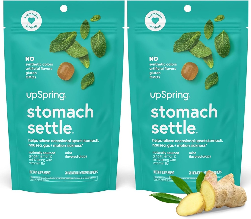 UpSpring Stomach Settle Drops for Educal Nausea Relief, Upset Stomach and Motion Disease with Ginger, Lemon, Spearmint 和 B6, Mint Flavor Drops, 56ct (Pack of 2) (英语).