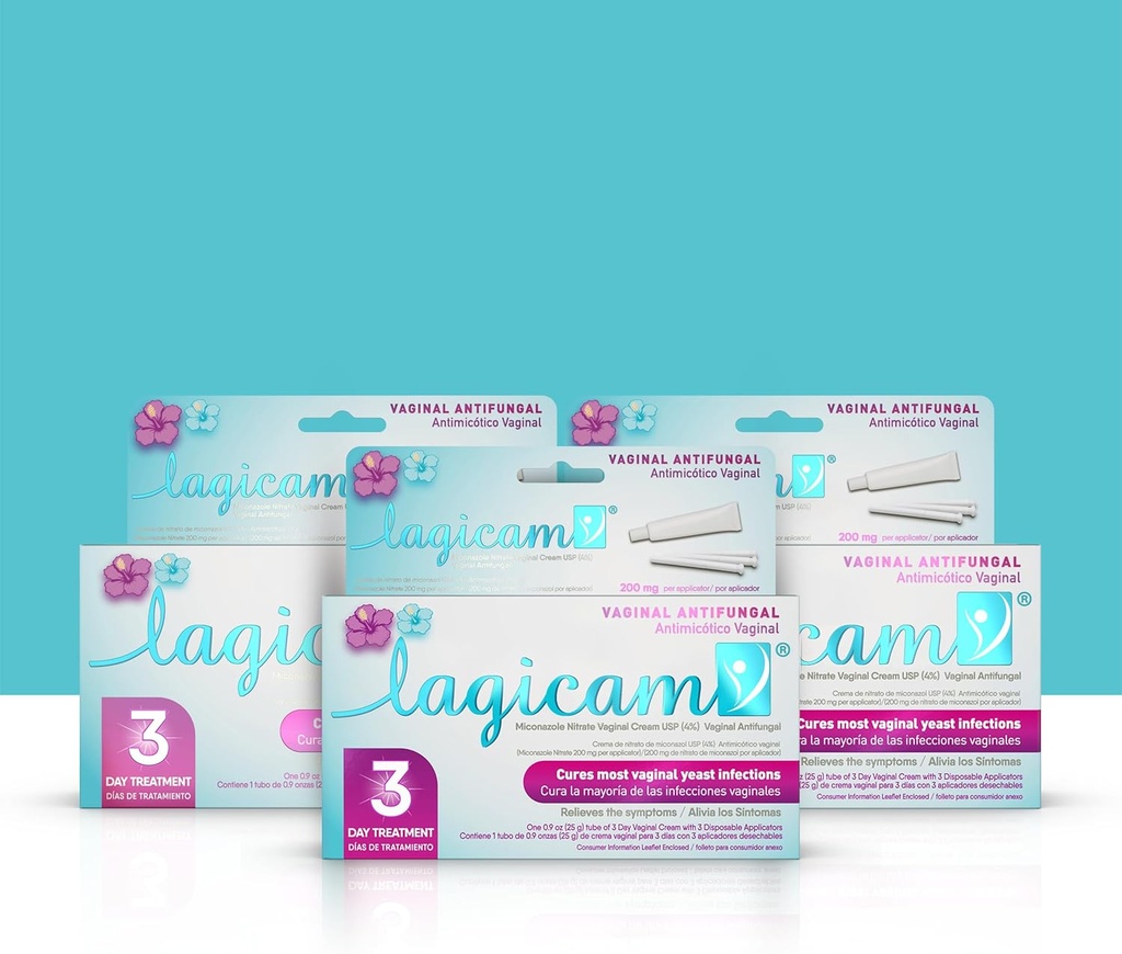 Lagicam 3天的Yeast感染治疗,第1天开始工作, Miconazole Nitrate, 用于痒和刺激的抗风阴道凝血, 3个可处置的应用者和凝血(3包)